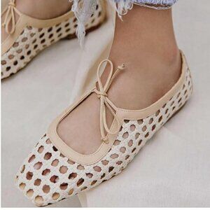 Pazzion Ivory Braided Bowtie Square Toe Mary Jane Flats Slip On Cutout Shoes